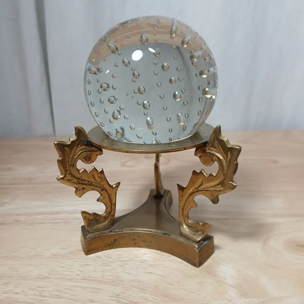 Vintage Controlled Bubble Glass Sphere & Decorative  Brass Stand Crystal Ball